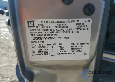 2002 Chevrolet Silverado C1500 from USA, damaged, VIN 2GCEC19T721421852